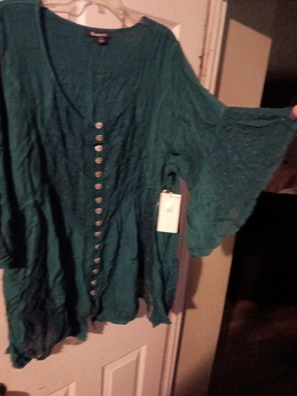 Roaman's Teal Button-Front Flutter Sleeve Blouse